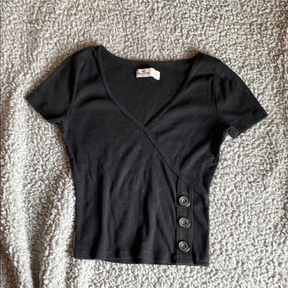 Black Button-Detail Wrap Top